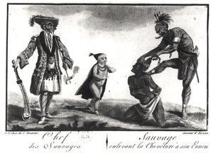 The Chief of the Savages Dressed as a European, a Child and a Savage Scalping his Enemy, from 
